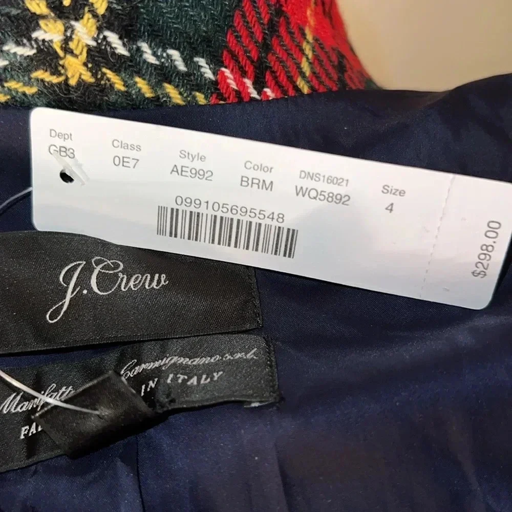 J. Crew Going-Out Lurex Metallic Steward Tartan Blazer Red Plaid Size 4 NWT